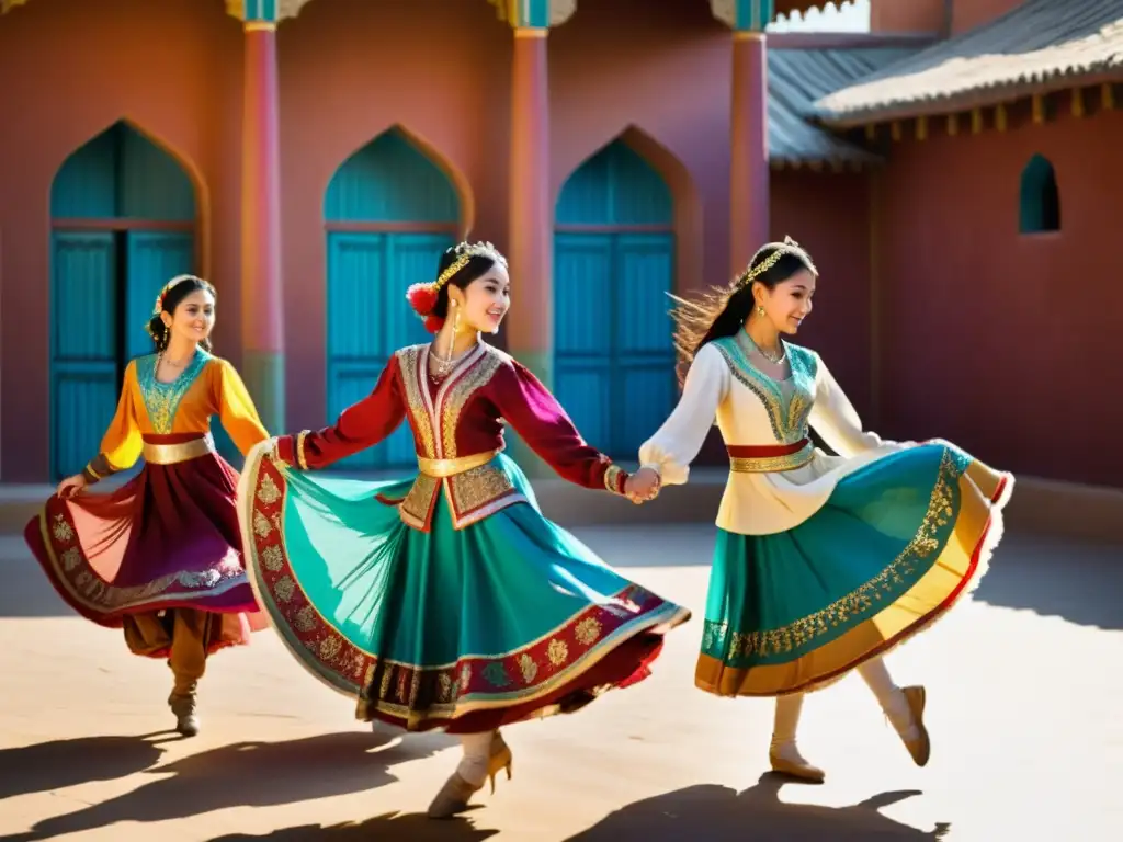 Jóvenes bailarines en trajes tradicionales de Asia Central danzan con gracia en un patio soleado