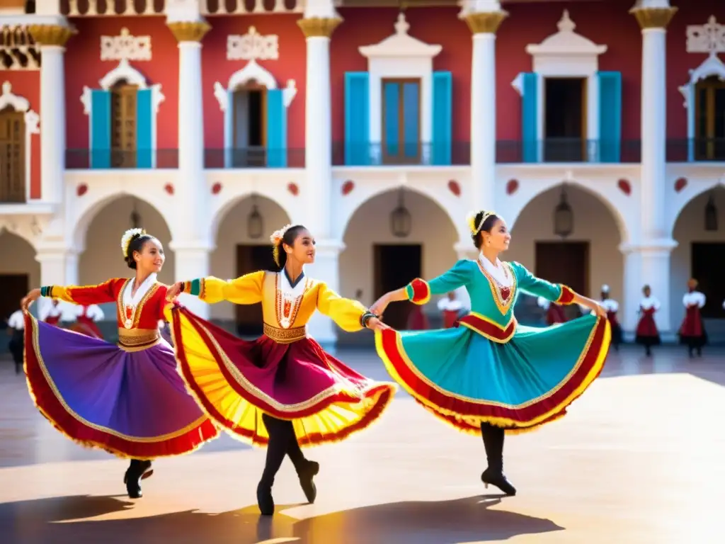 Jóvenes bailarines en trajes tradicionales realizan una danza vibrante en una plaza soleada, con edificio histórico de fondo