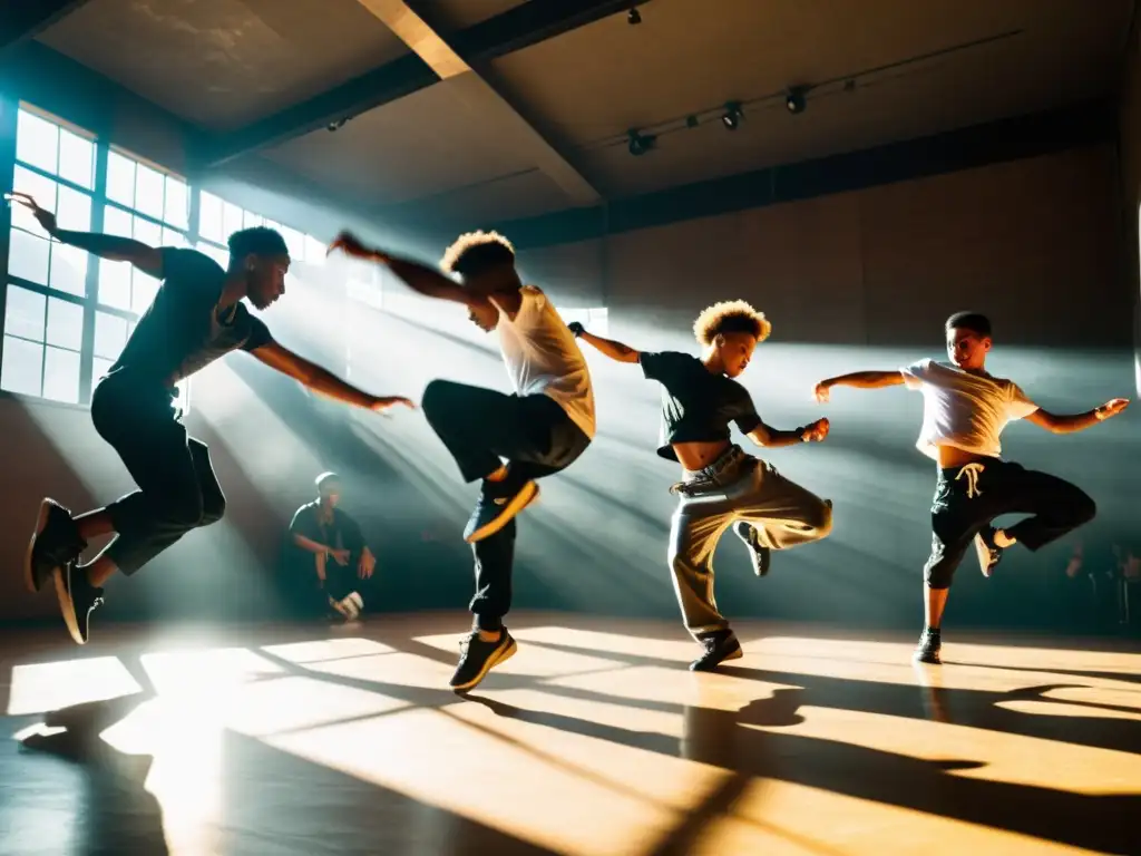 Jóvenes breakdancers ejecutando movimientos de poder del baile urbano en un entorno urbano, con expresiones de intensa concentración y emoción