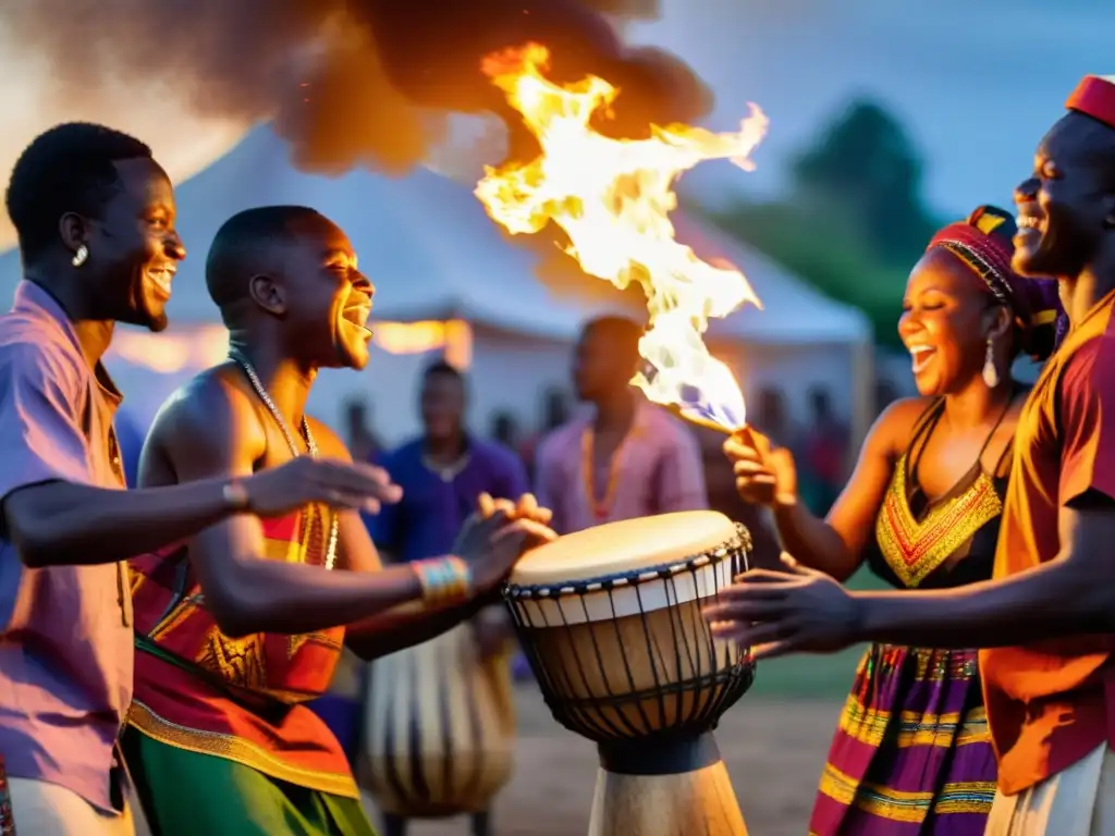 Jóvenes de comunidad africana danzan al ritmo de los tambores djembe alrededor de una fogata, capturando la esencia de la danza y la cultura africana