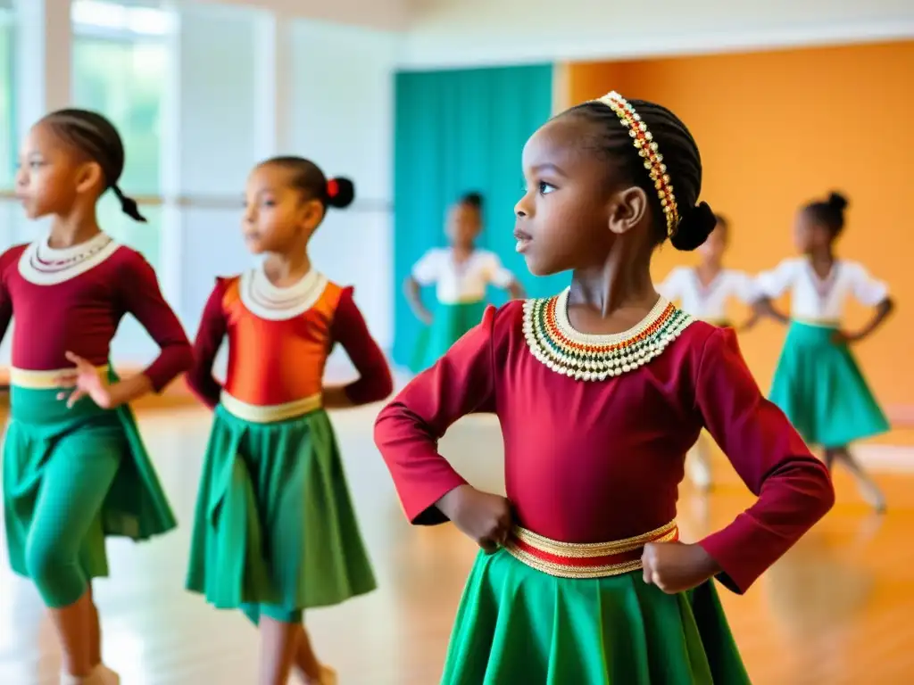 'Jóvenes practicando danza tradicional en estudio iluminado, con trajes coloridos