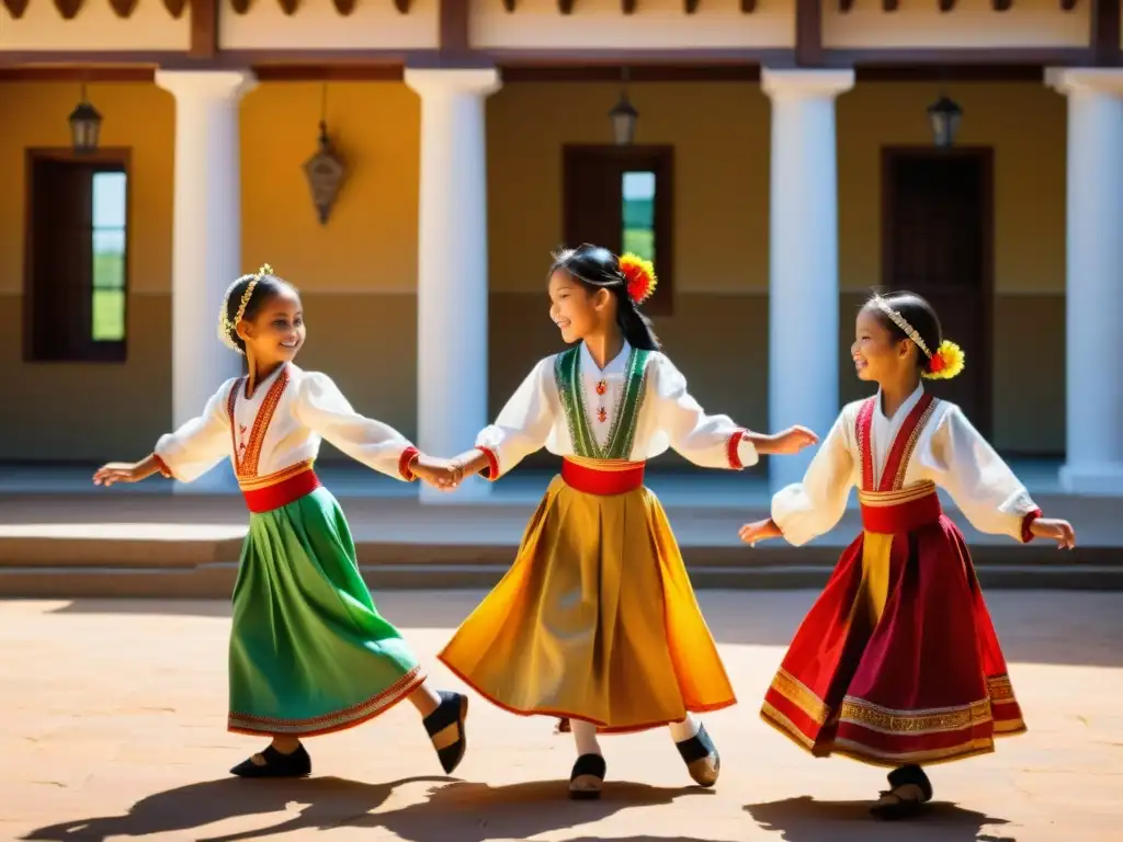 Jóvenes practicando danzas tradicionales en un patio soleado, vistiendo trajes coloridos