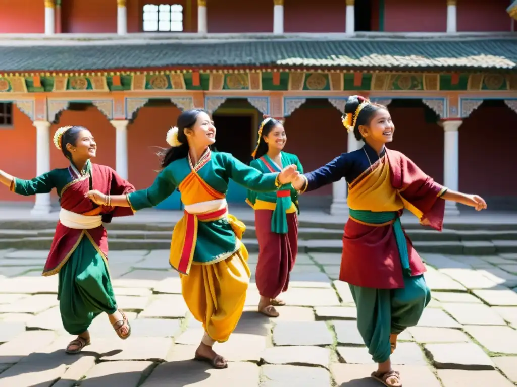 Jóvenes estudiantes practican danzas étnicas Nepal en un patio soleado, vistiendo trajes tradicionales coloridos, reflejando la rica herencia cultural