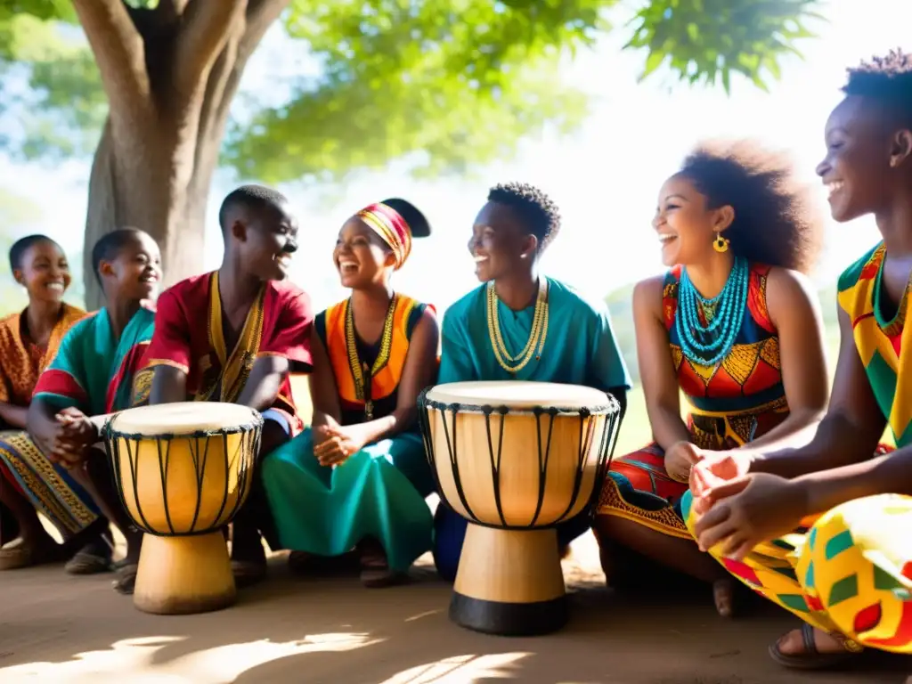 Jóvenes estudiantes tocando tambores africanos con pasión bajo la luz del sol en un ambiente de aprendizaje cultural y conexión