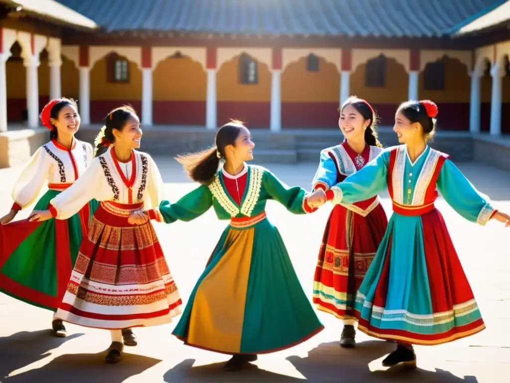 Jóvenes estudiantes danzando en trajes folclóricos, transmiten orgullo cultural y beneficios educativos de aprender danzas tradicionales