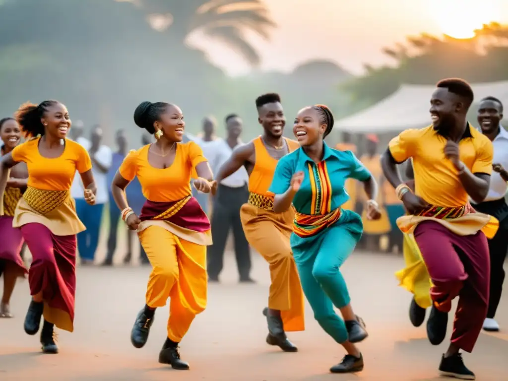 Jóvenes ghaneses bailando el Azonto con alegría y coloridos trajes tradicionales al atardecer, demostrando técnicas y estilo del Azonto