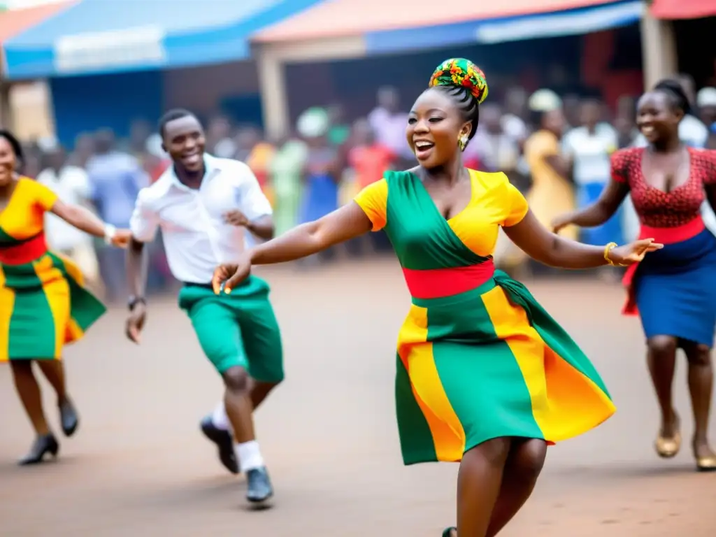 Jóvenes ghaneses bailan el Azonto en un bullicioso mercado al aire libre, creando una escena vibrante y llena de energía