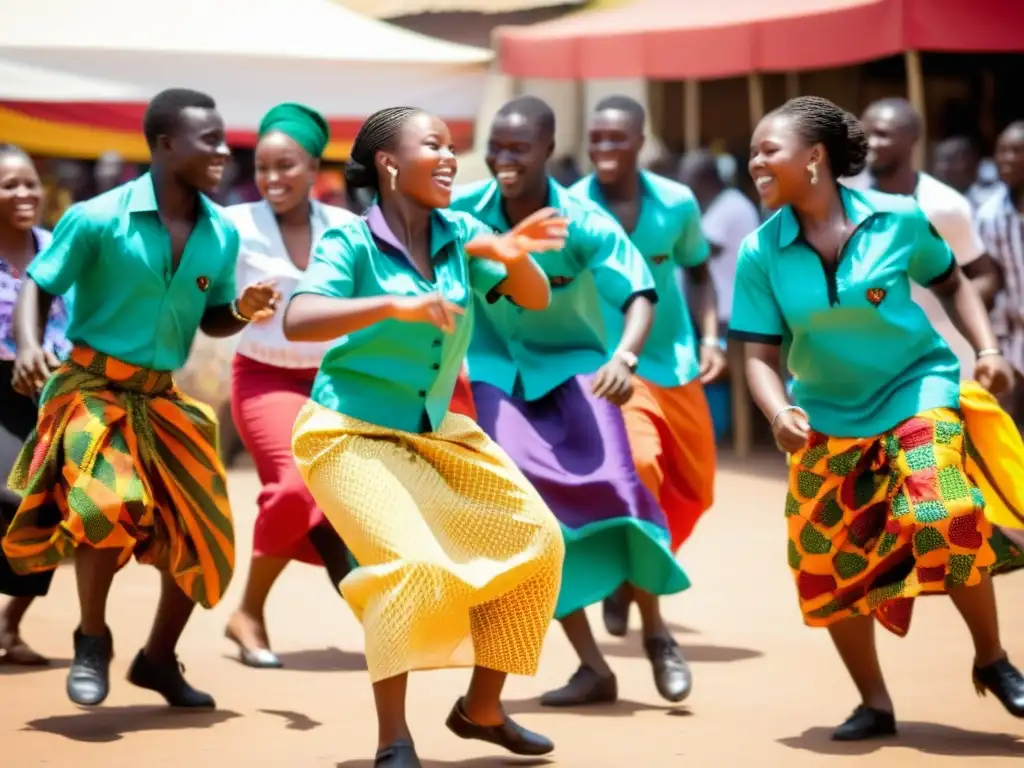 Jóvenes Ghaneses bailando el Azonto en un mercado bullicioso, expresando el significado cultural de la danza Azonto en Ghana