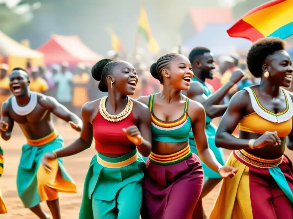 Jóvenes ghaneses bailando Kpanlogo en un vibrante festival, celebrando su cultura y juventud con coloridos trajes tradicionales y expresiones alegres