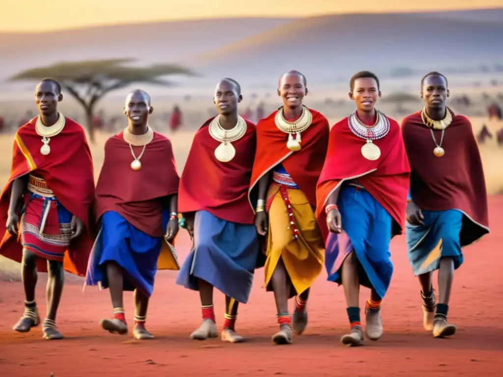 Jóvenes guerreros Maasai bailando al atardecer en la sabana africana, con vibrantes shukas rojas y joyas de cuentas