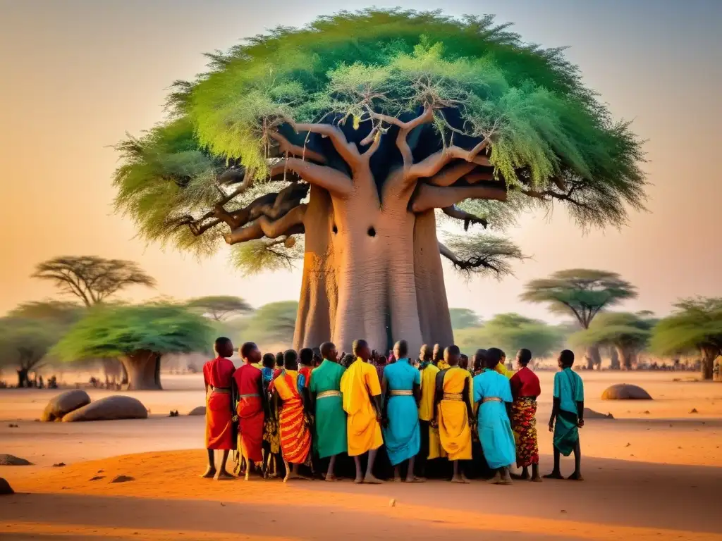 Jóvenes malienses danzan Boloye bajo baobab, vistiendo trajes tradicionales, mientras los ancianos observan con reverencia