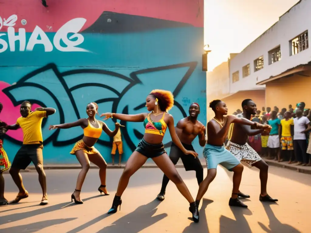 Jóvenes bailando Shaku Shaku al atardecer en las calles de Lagos, Nigeria, reflejando el origen y significado cultural de Shaku Shaku