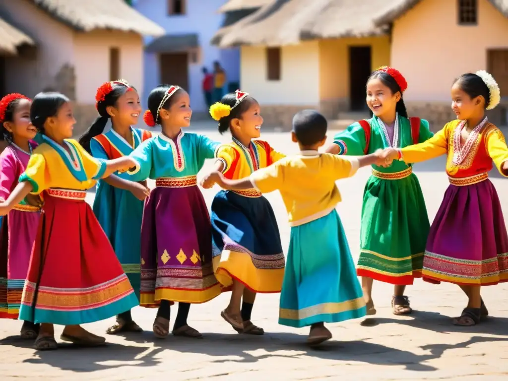 Jóvenes danzando en trajes tradicionales en la plaza del pueblo, celebrando la herencia cultural y la conexión intergeneracional