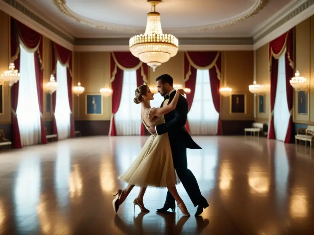 Juego de parejas en la Contredanse: Elegante baile en un salón vintage con chandeliers ornamentados y arquitectura grandiosa