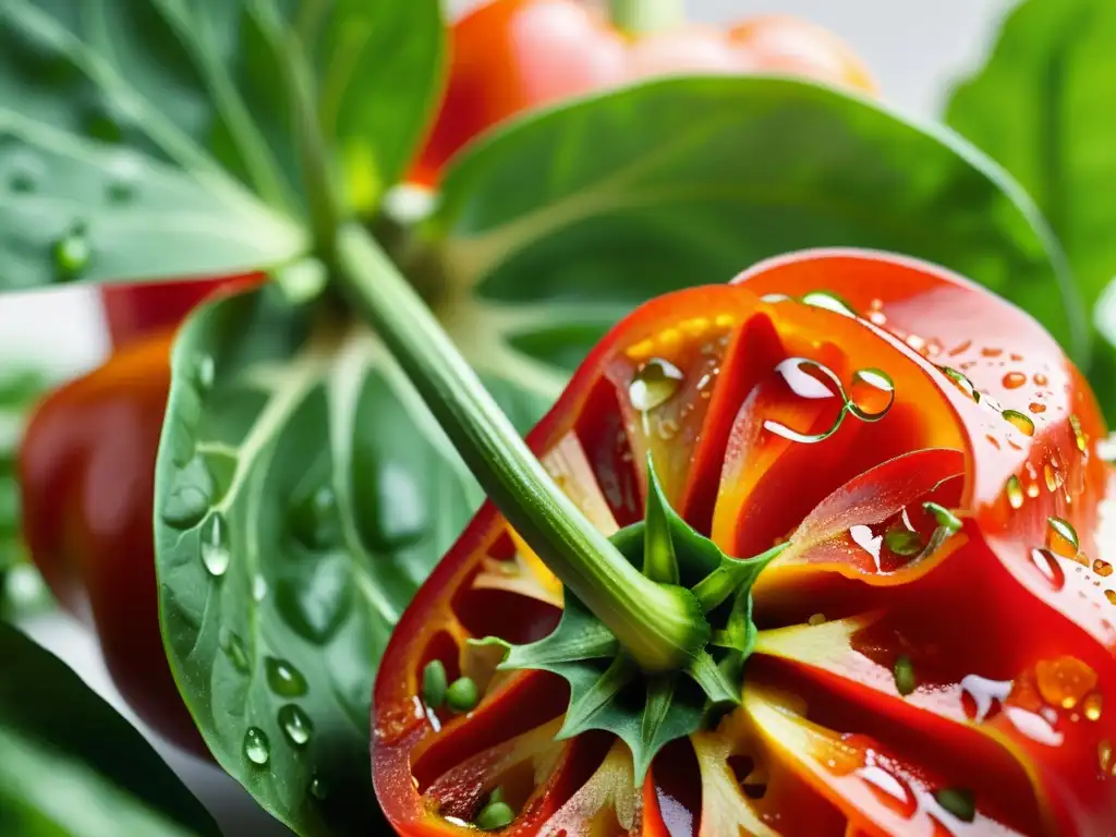 Una jugosa y fresca pimiento rojo recién cortado, rodeado de hojas verdes de cilantro con gotas de agua brillando al sol