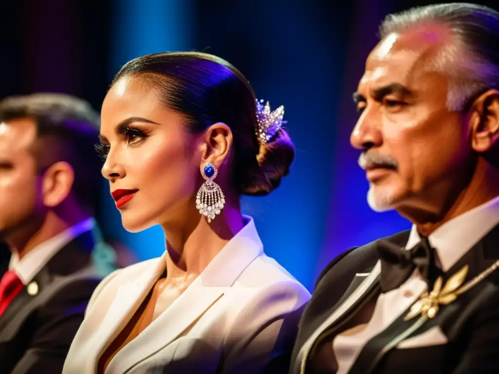 Jurado del campeonato de bailes latinos observa con intensidad la actuación en el escenario, expresando autoridad y expertise