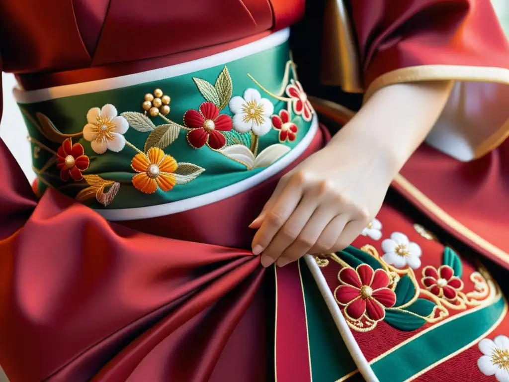 Un kimono japonés rojo adornado con bordados florales vibrantes, atado con un obi