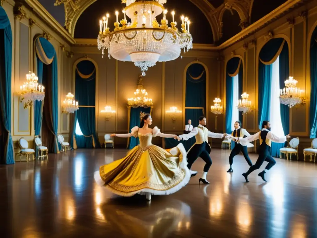 Lecciones de baile barroco francés: Bailarines elegantemente vestidos realizan una danza sincronizada en un lujoso salón barroco