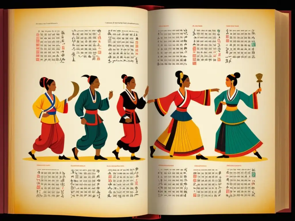 Libro ilustrado de la evolución de la danza tradicional, con coloridas imágenes y detalladas instrucciones técnicas