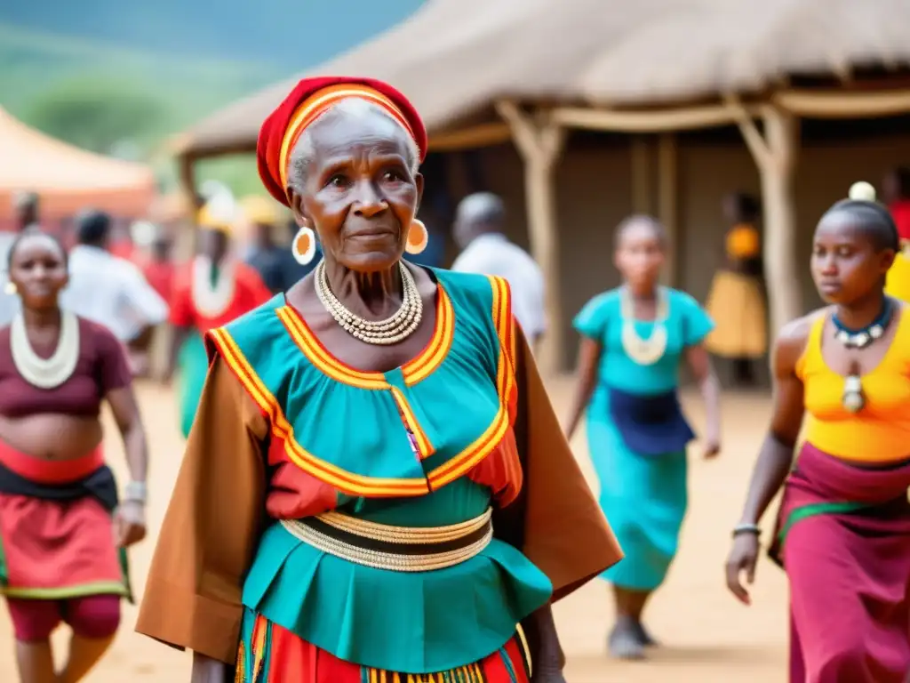 Un líder de danza africana guía a jóvenes bailarines en una actuación vibrante, mostrando el aprendizaje intergeneracional y la herencia cultural