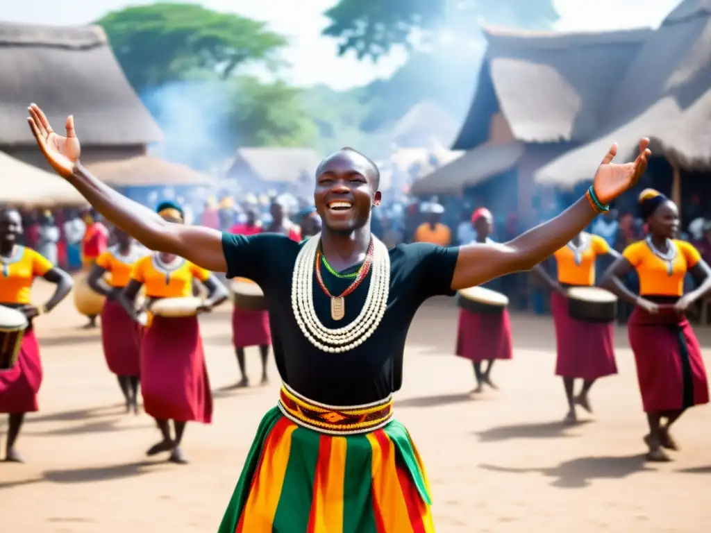 Un líder de danza africana, con traje tradicional, irradia autoridad y gracia en una bulliciosa plaza