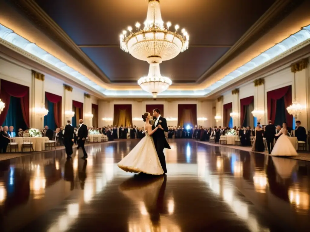 Una lujosa sala de baile con invitados elegantes y bailarines en trajes históricos