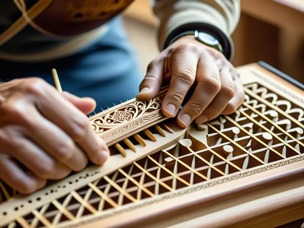 Un luthier experto talla delicados diseños en una Nyckelharpa Sueca, mostrando la artesanía en la construcción de este instrumento tradicional