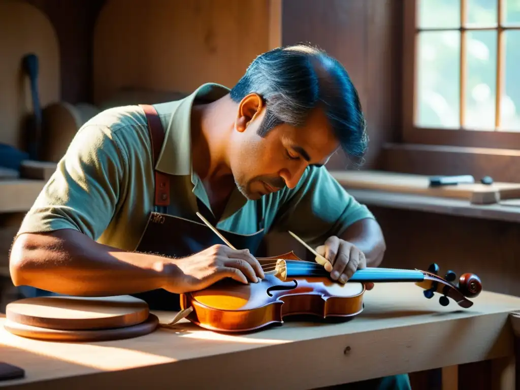 Un luthier habilidoso esculpe una Viola Caipira brasileña tradicional con herramientas manuales, iluminado por la cálida luz del sol