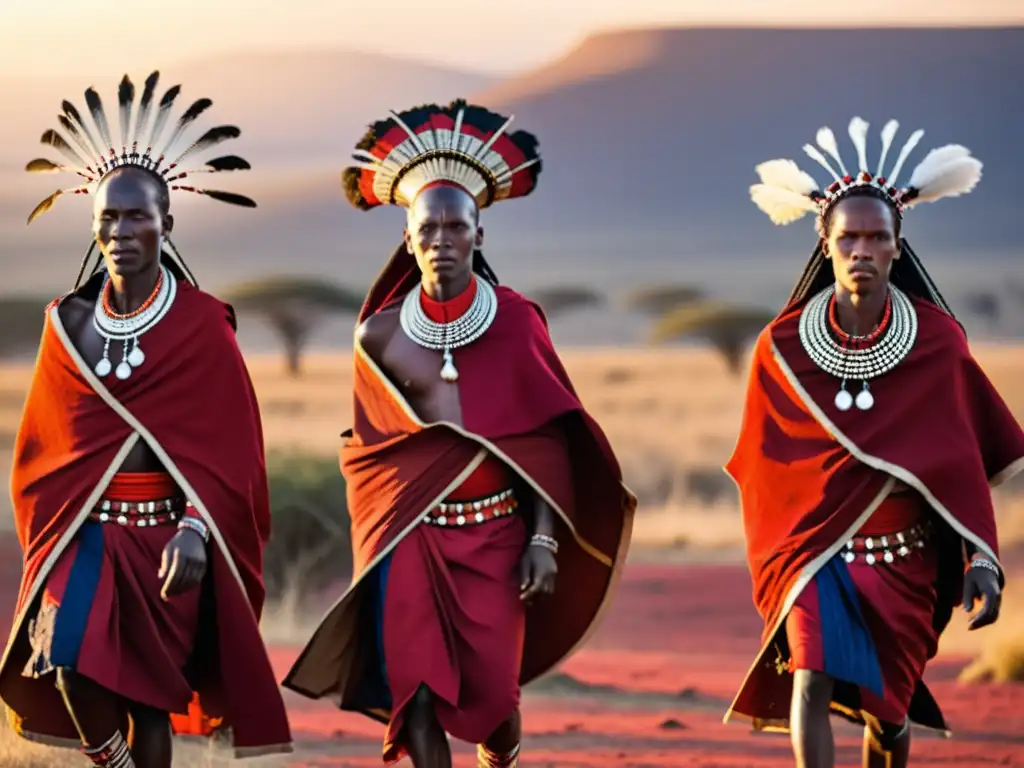 Maasai guerreros danzando al atardecer en la sabana africana, capturando el significado cultural de la danza Maasai