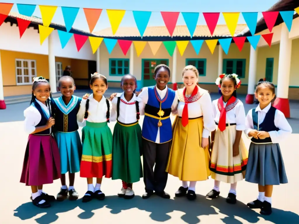 Maestra lidera baile folklórico con niños vestidos con trajes tradicionales, celebrando la diversidad cultural en el patio escolar