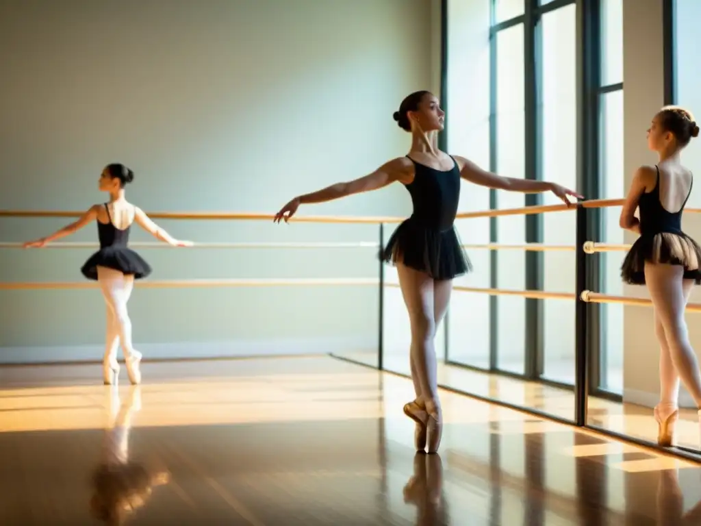 Clase de ballet inspiradora para jóvenes bailarines Maestra de danza enseña movimientos complejos a sus estudiantes en un estudio luminoso