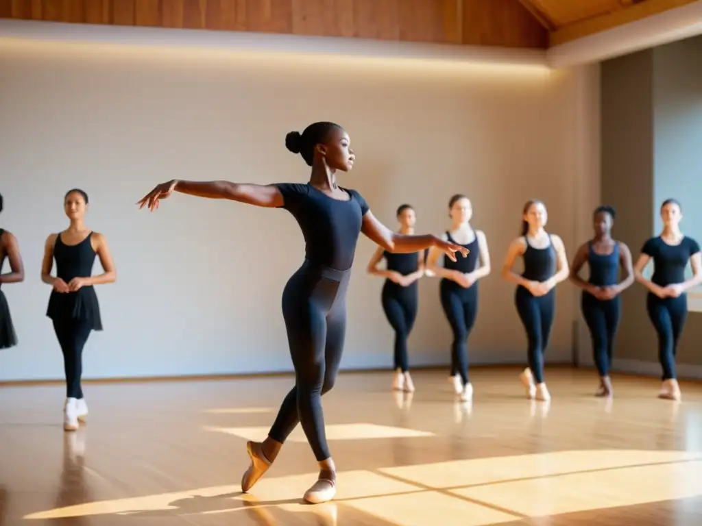 Maestra de danza experimentada guía a estudiantes en poses diversas, reflejando la importancia de maestros de danza en un entorno inclusivo y moderno