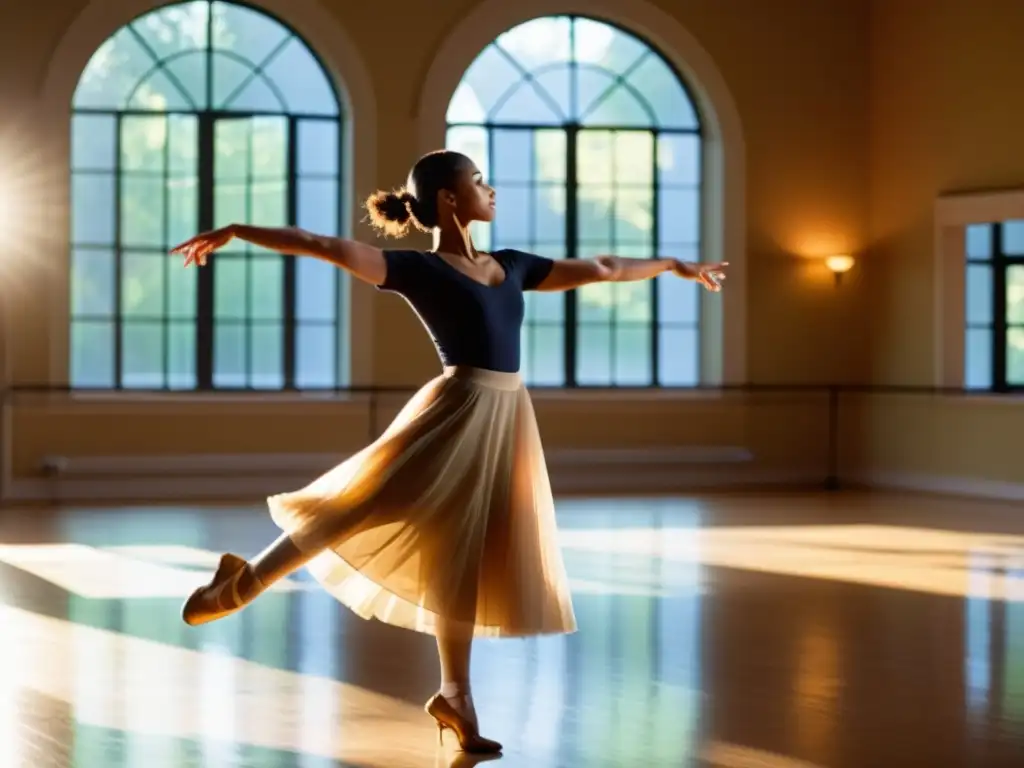 Una maestra de danza experimentada guía a sus estudiantes con gracia, iluminada por la suave luz que entra por las amplias ventanas