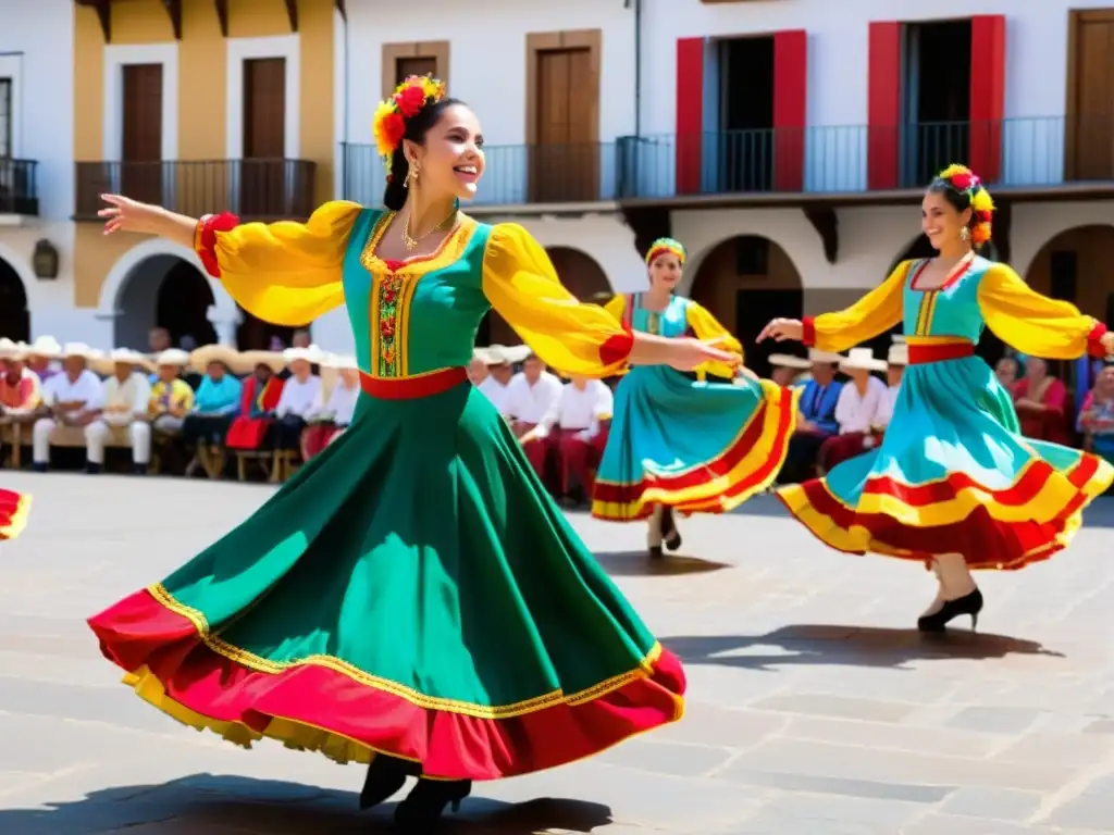 Maestra de danzas regionales España: Bailarines de Jota en plaza vibrante, con trajes coloridos y música enérgica, celebrando la tradición española