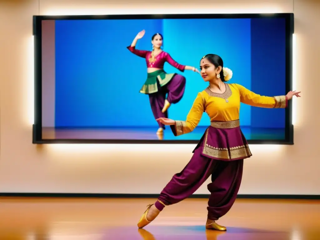 Maestra de Kathak realiza elegantes movimientos en clase virtual de Kathak en línea, fusionando tradición y tecnología