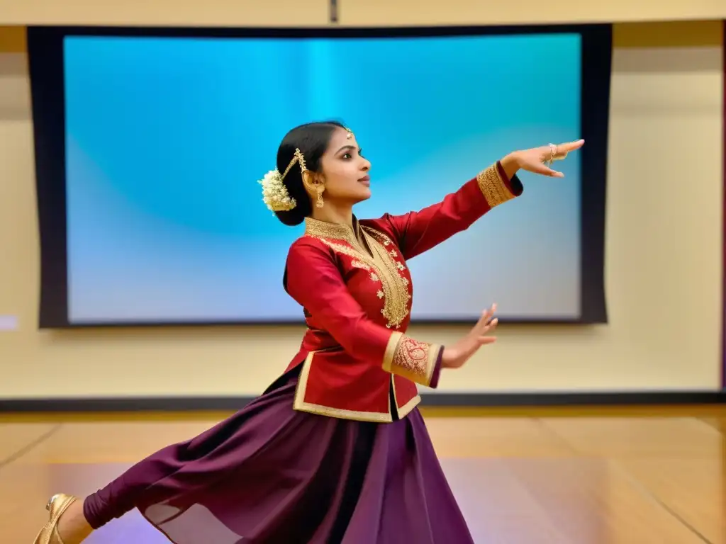 Maestra de Kathak realiza gráciles movimientos en clase virtual