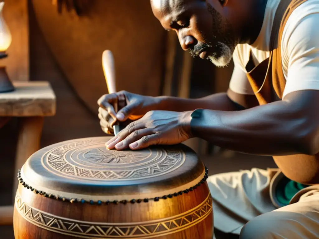 Maestro artesano tallando un Djembe con precisión Un maestro artesano talla patrones en un Djembe, rodeado de herramientas tradicionales y materiales, bañado en cálida luz dorada