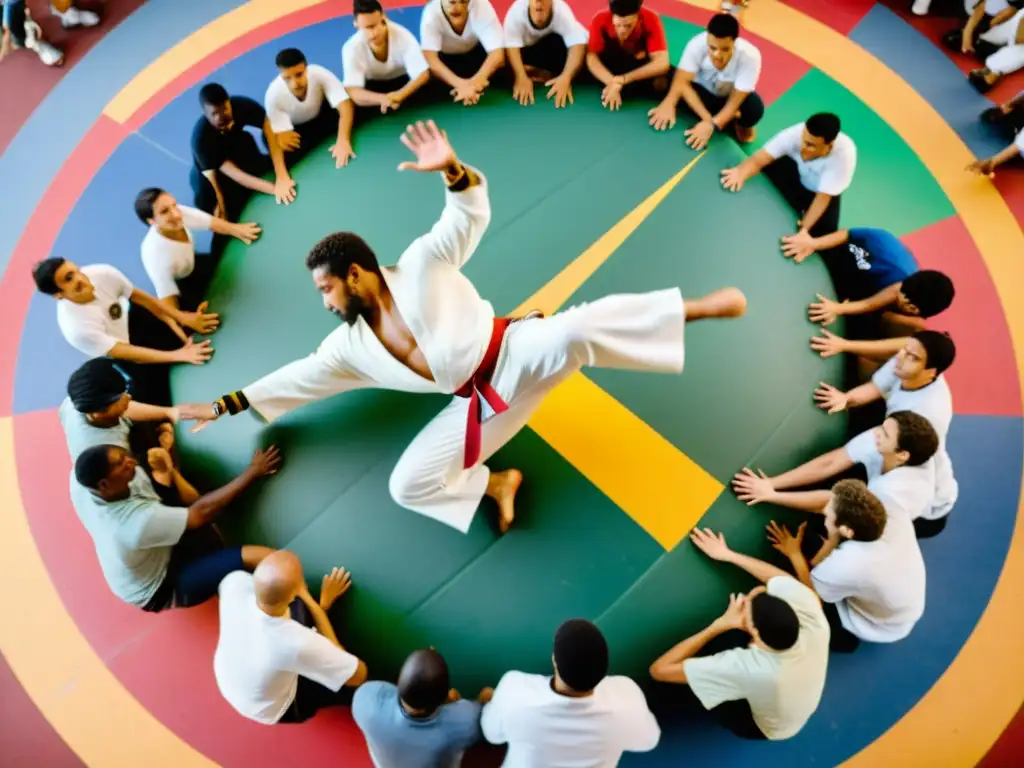 Un maestro de capoeira dirige un taller con movimientos fluidos y música afrobrasileña, envuelto en una atmósfera de energía y alegría