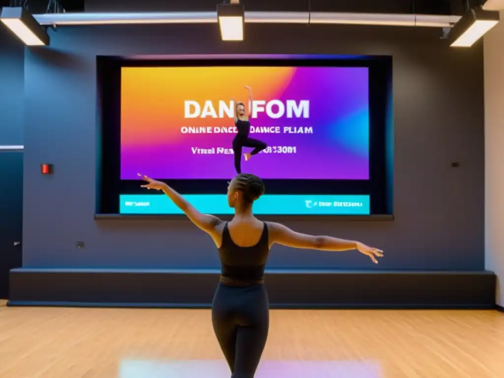 Plataforma de baile online: energía y emoción en el estudio Maestro de danza entusiasta en estudio vibrante con plataforma educativa en línea para estudiantes de todas las edades