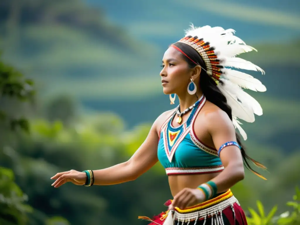 Maestro de danza indígena en traje tradicional, danza con orgullo en un claro soleado