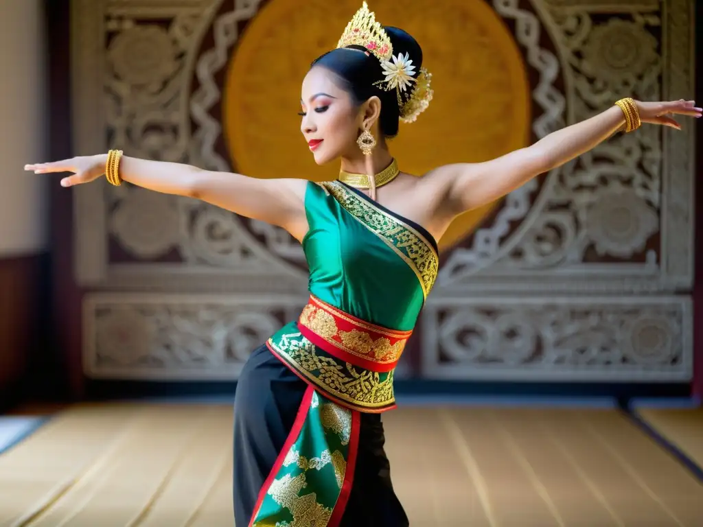 Maestro de danza clásica de Java demostrando movimientos con significado cultural en un estudio tradicional javanés