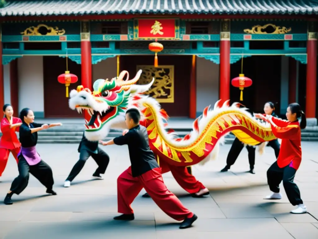Un maestro lidera la Danza del Dragón en un patio antiguo, con principiantes enfocados