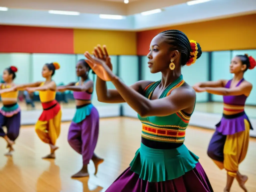 Maestro de danza tradicional guía a sus alumnos en un estudio vibrante, reflejando pasión y tradición