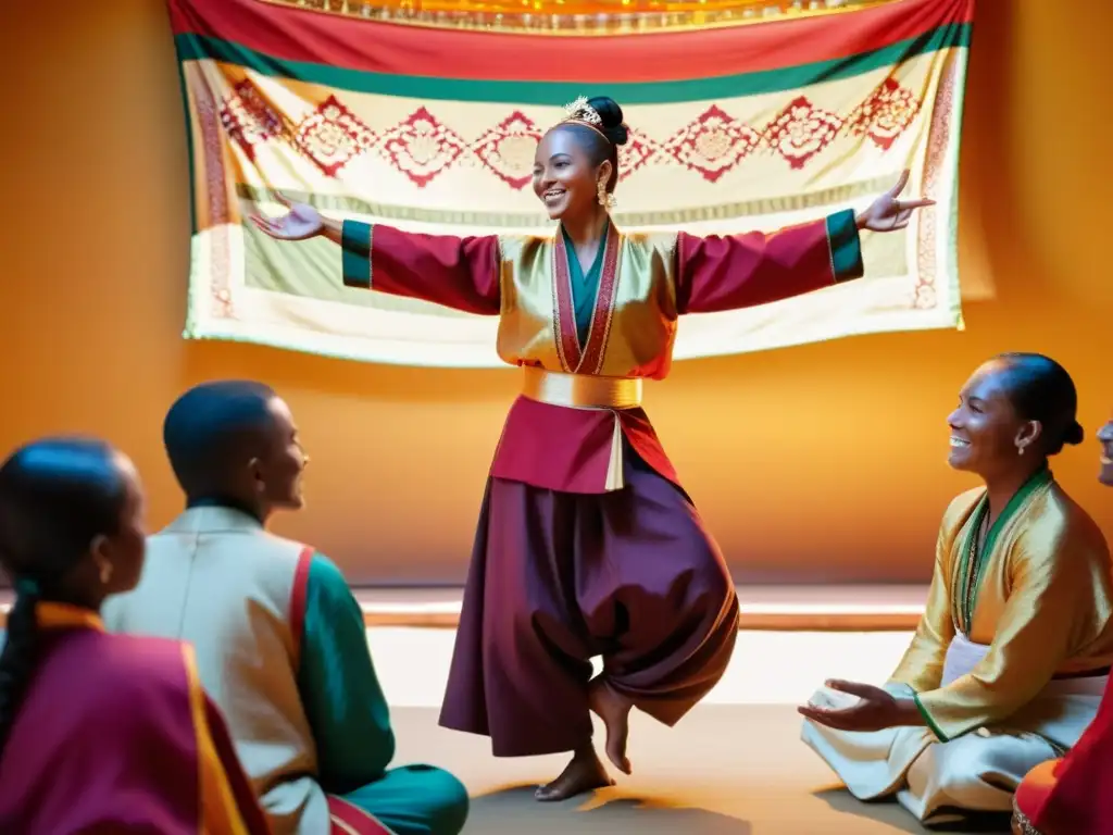 Un maestro de danza tradicional, iluminado por una cálida luz dorada, enseña con pasión y sabiduría a un grupo de alumnos cautivados