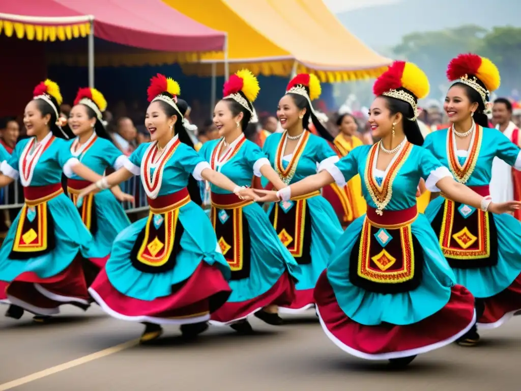 Maestro de danzas tradicionales reconocido dirige una impresionante presentación en un festival cultural, con trajes vibrantes y público entregado