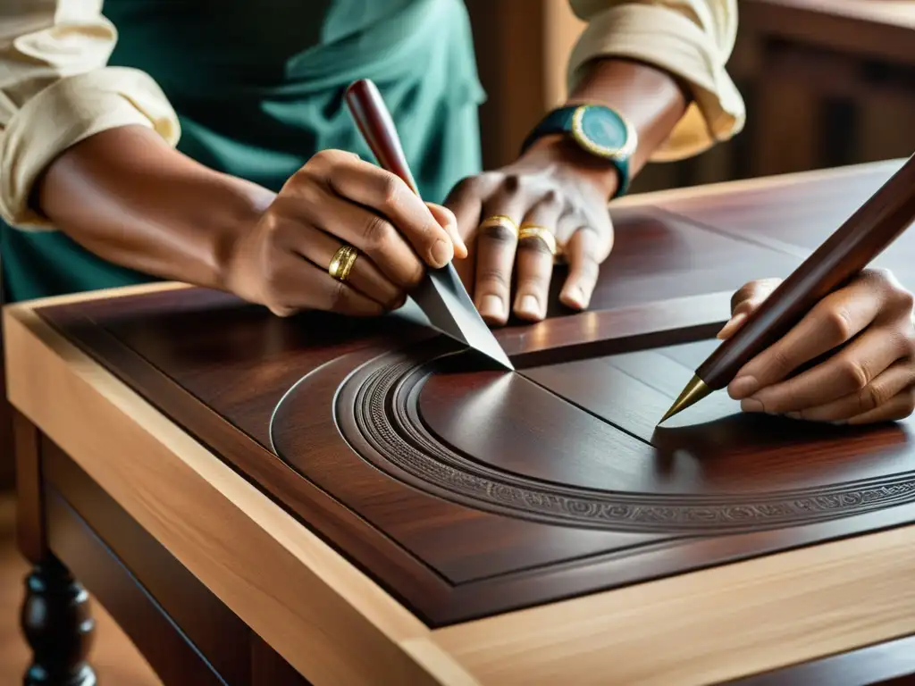 Un maestro carpintero talla delicados diseños en una mesa de caoba, inspirada en danzas tradicionales