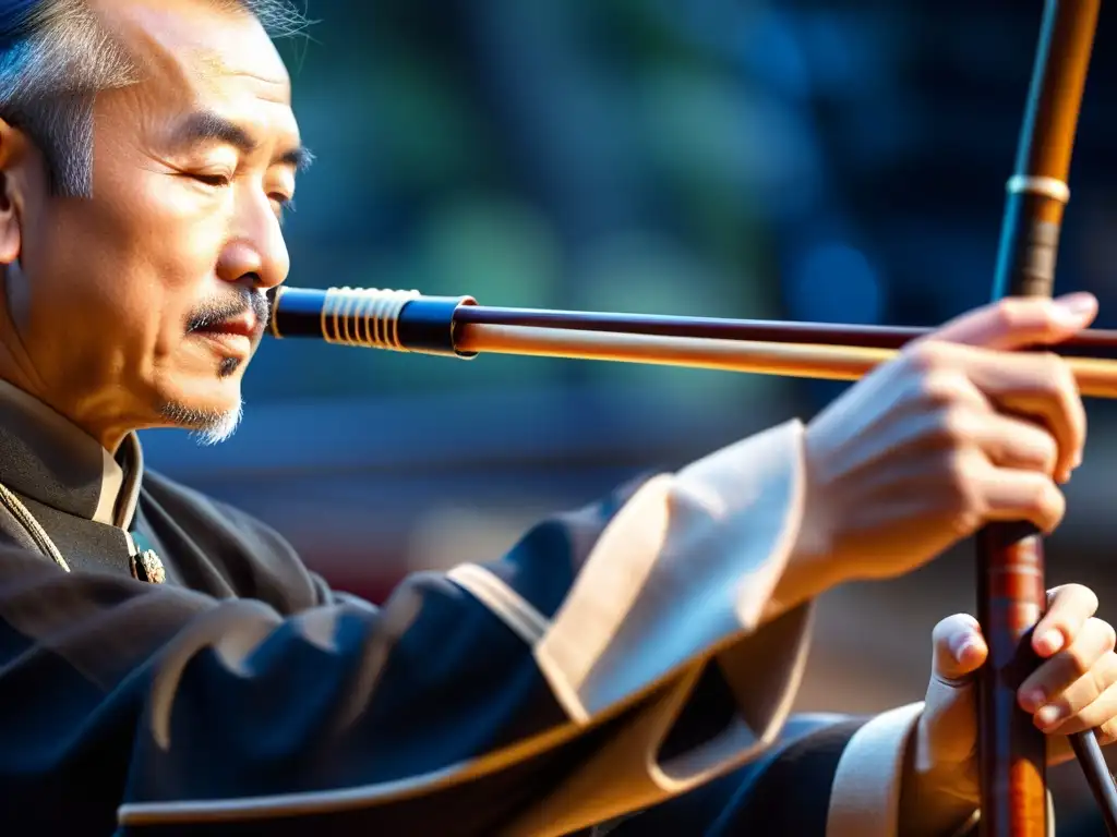 Un maestro del erhu chino interpreta con pasión, sus manos expertas dan vida a la música, mientras la luz resalta la belleza cultural del instrumento