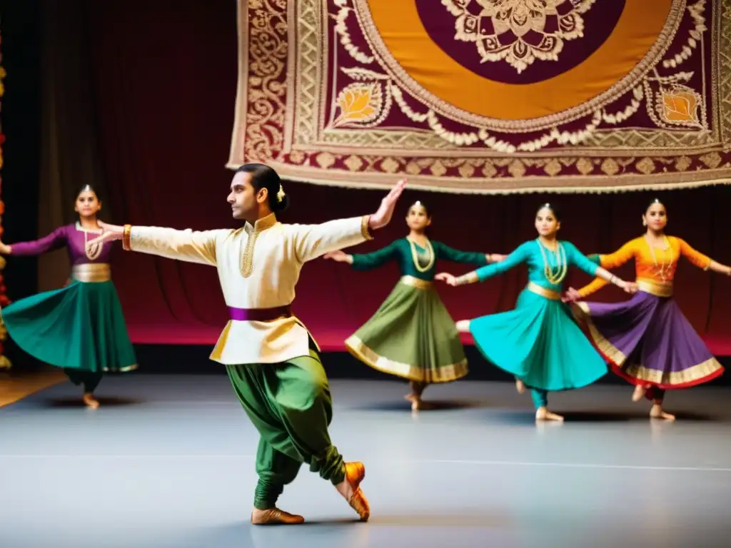 Un maestro de Kathak y sus estudiantes ejecutan la danza clásica India Kathak con gracia y técnica en un estudio tradicional