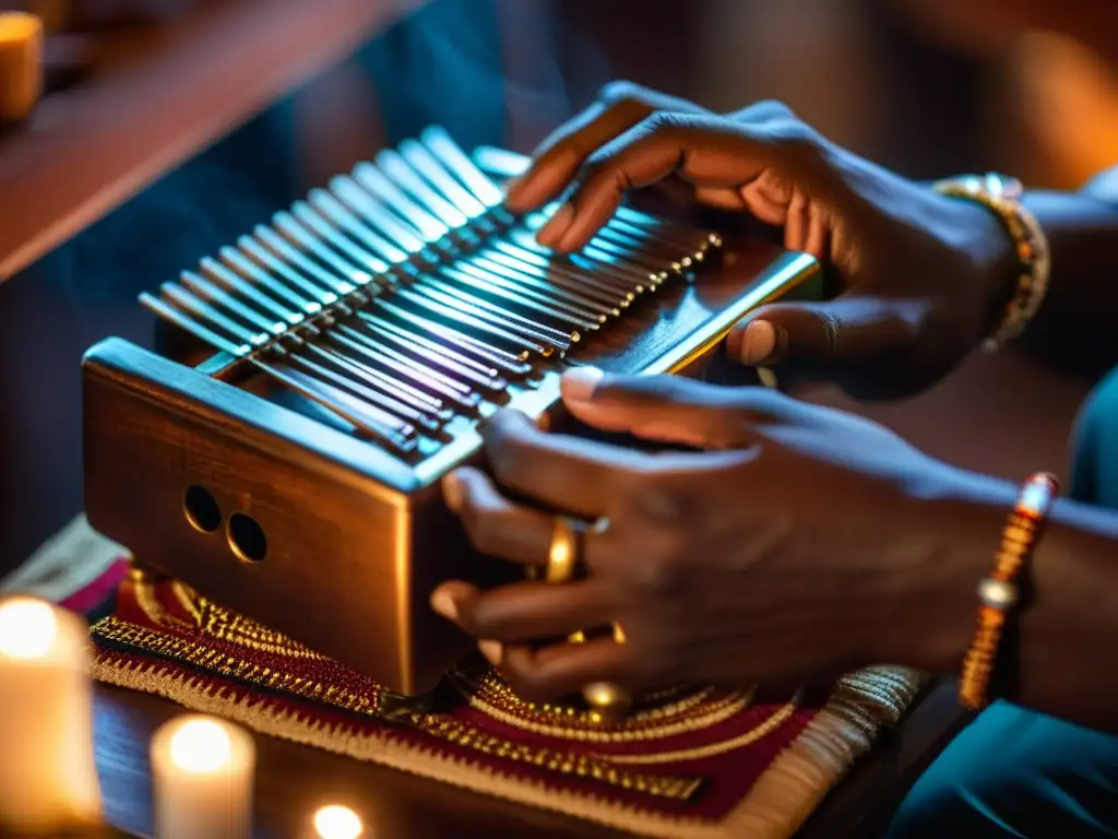 Un maestro de kalimba africano deleita con su técnica, tocando las tines con destreza, envuelto en la calidez de la luz de las velas