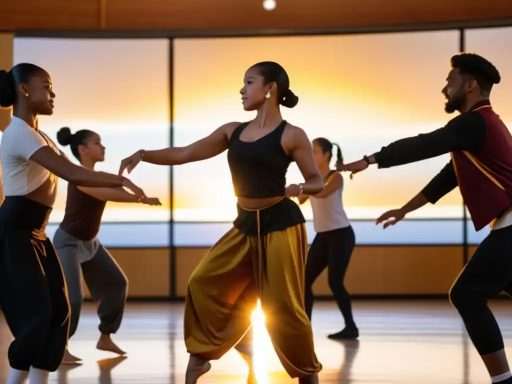 Exhibición multicultural de baile al atardecer Maestros de danza de diversas culturas comparten movimientos en una cálida tarde